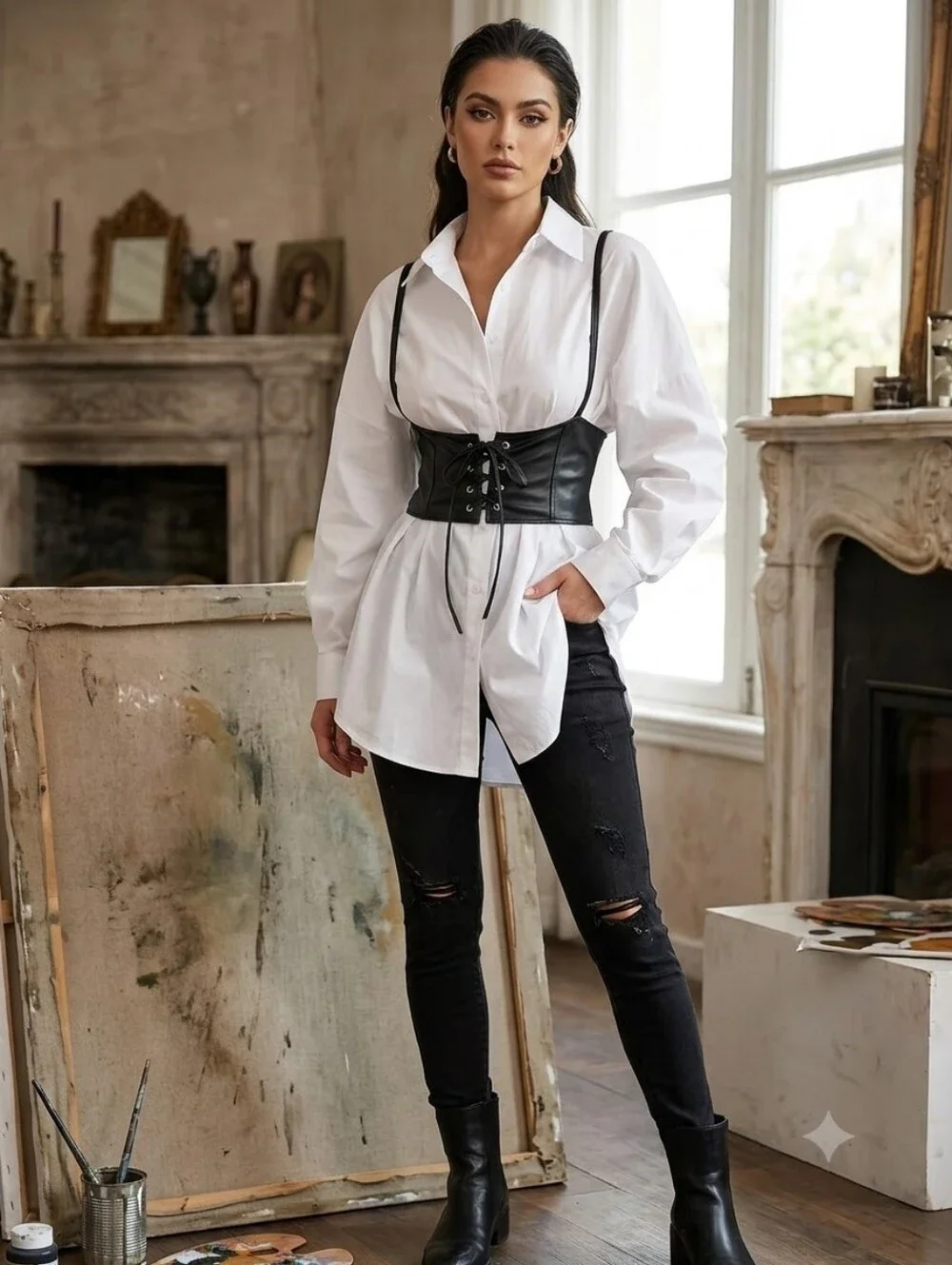 Black Lace Up Corset Style Faux Leather Belt Waist Cincher One Size